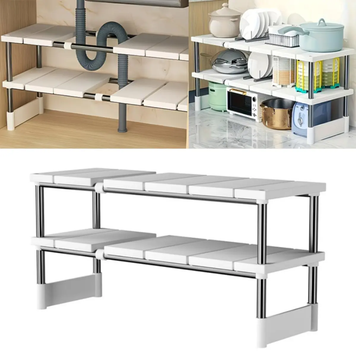 Organizador para Armário de Pia Cozinha 2 Níveis, Extensível e Ajustável, Estante Multiuso para Utensílios, Limpeza e Alimentos, Branco - 1