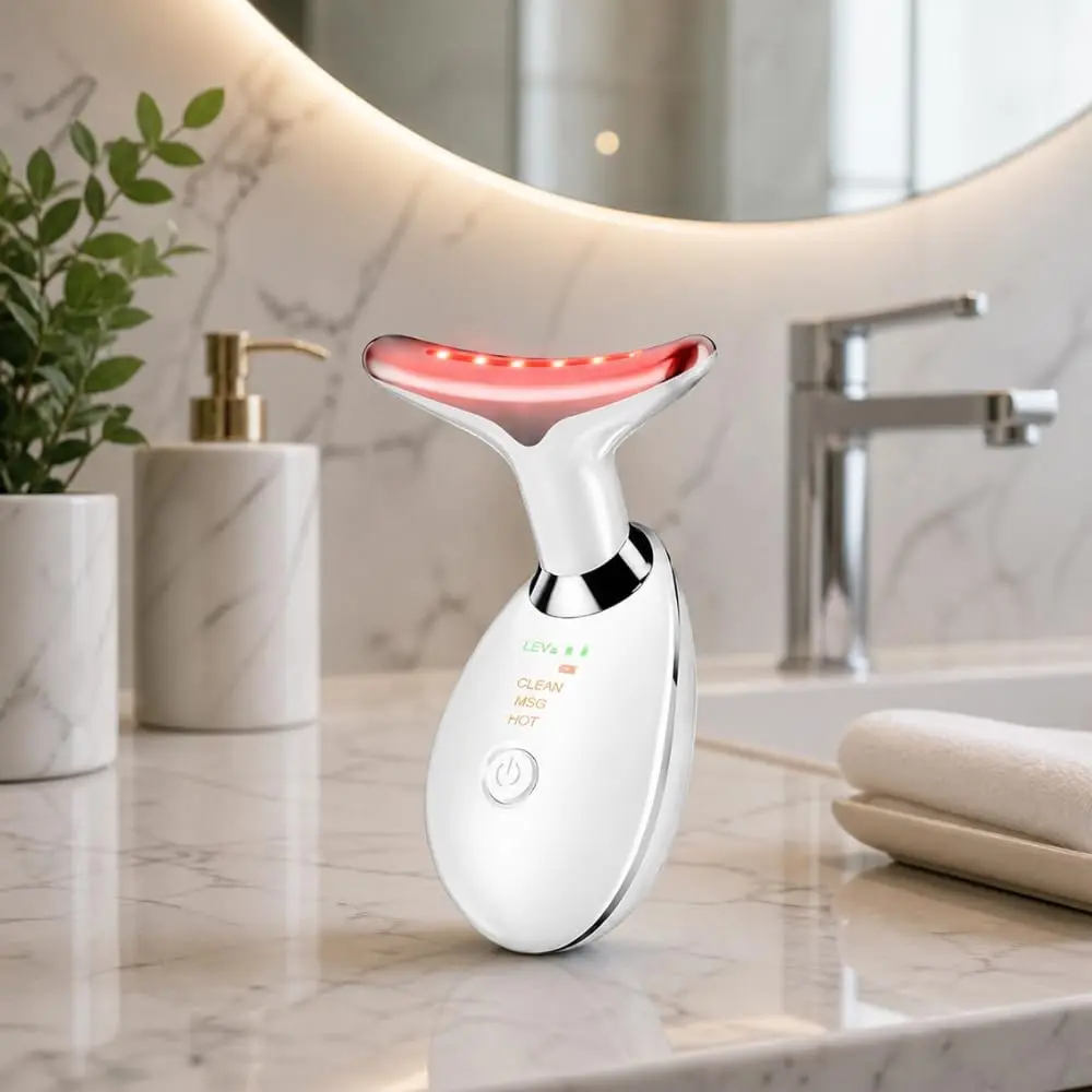 Massageador Facial Elétrico 3 em 1 - Branco | EMS, Aquecimento, Vibração Dupla, Redução de Queixo, Premium
