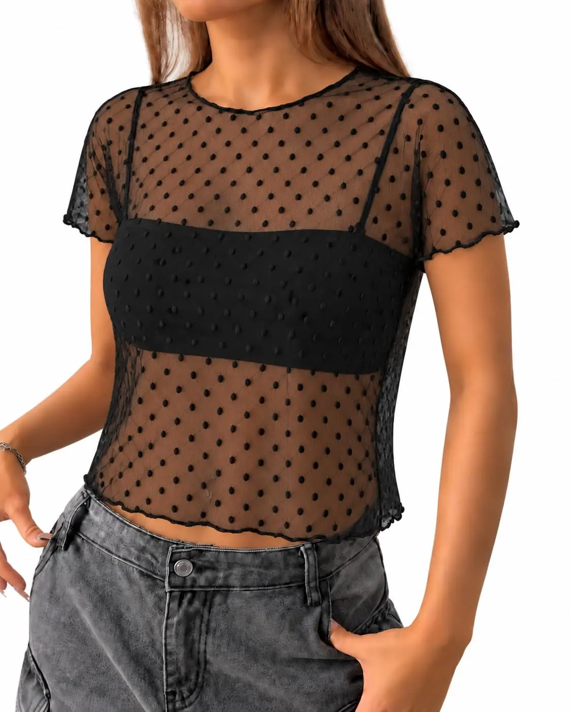 Blusa Tule Feminina Manga Curta Transparente Gola Alta Lisa Elegante Para Festa e Sobreposição