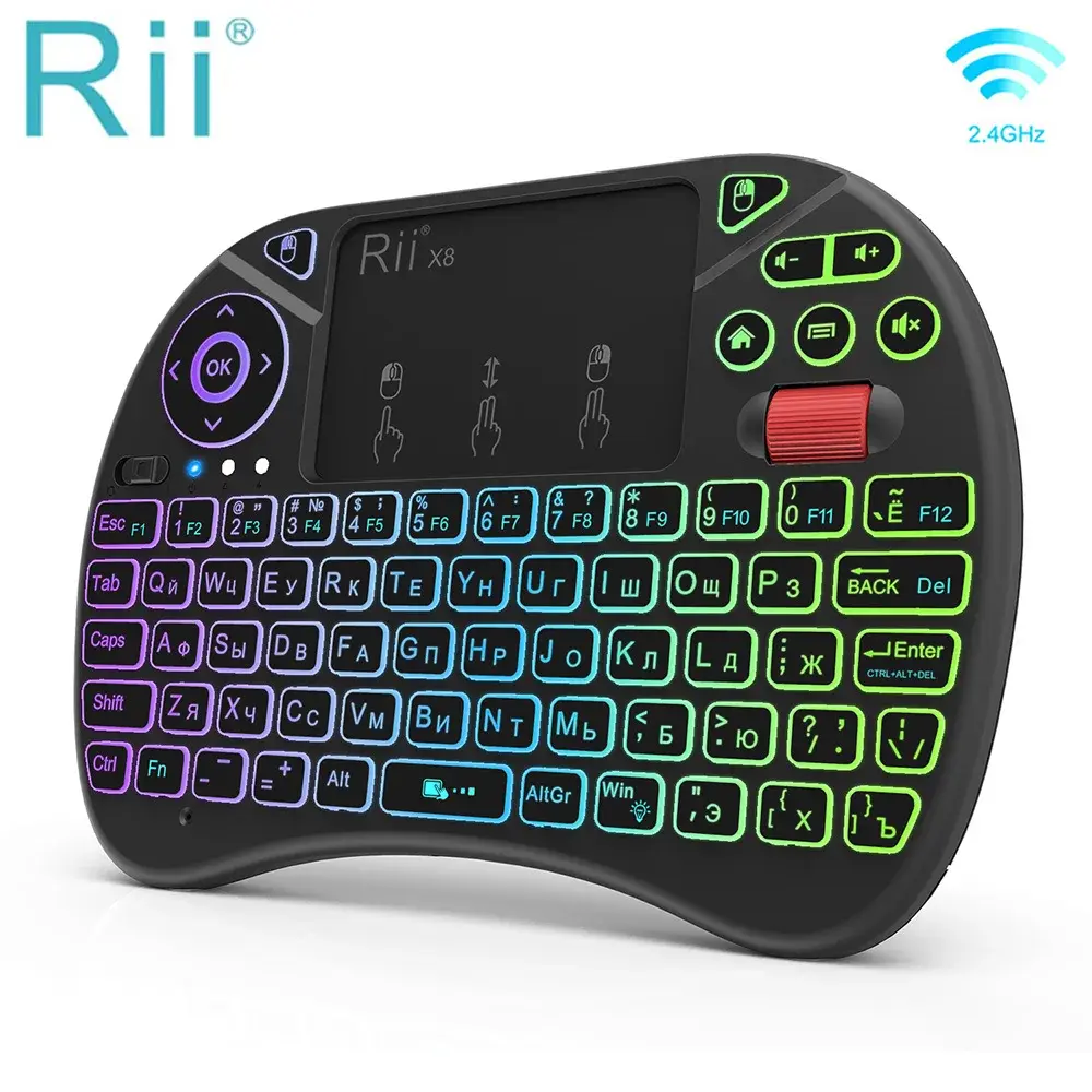 Rii x8 2.4ghz sem fio russo/inglês/francês/espanhol teclado de controle remoto com touchpad retroiluminado para android tv box pc