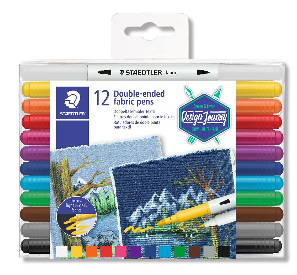 STAEDTLER Caneta Ponta Dupla Para Tecido - 12 Cores - 3190 TB12 - Uso em Tecidos Claros e Escuros, Secagem Natural em 24h, Cores Duráveis, Não Precisa de Calor para Fixação