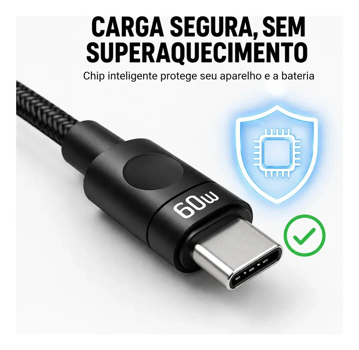 Cabo Carregador Usb-c Tipo C Turbo 60w Carga Rápida Nylon Trançado Premium 1M Reforçado Resistente Compatível Samsung Xiaomi Motorola iPhone 15 16 17 Notebook Tablet Transferência Dados Eletric Teck thumbnail 3