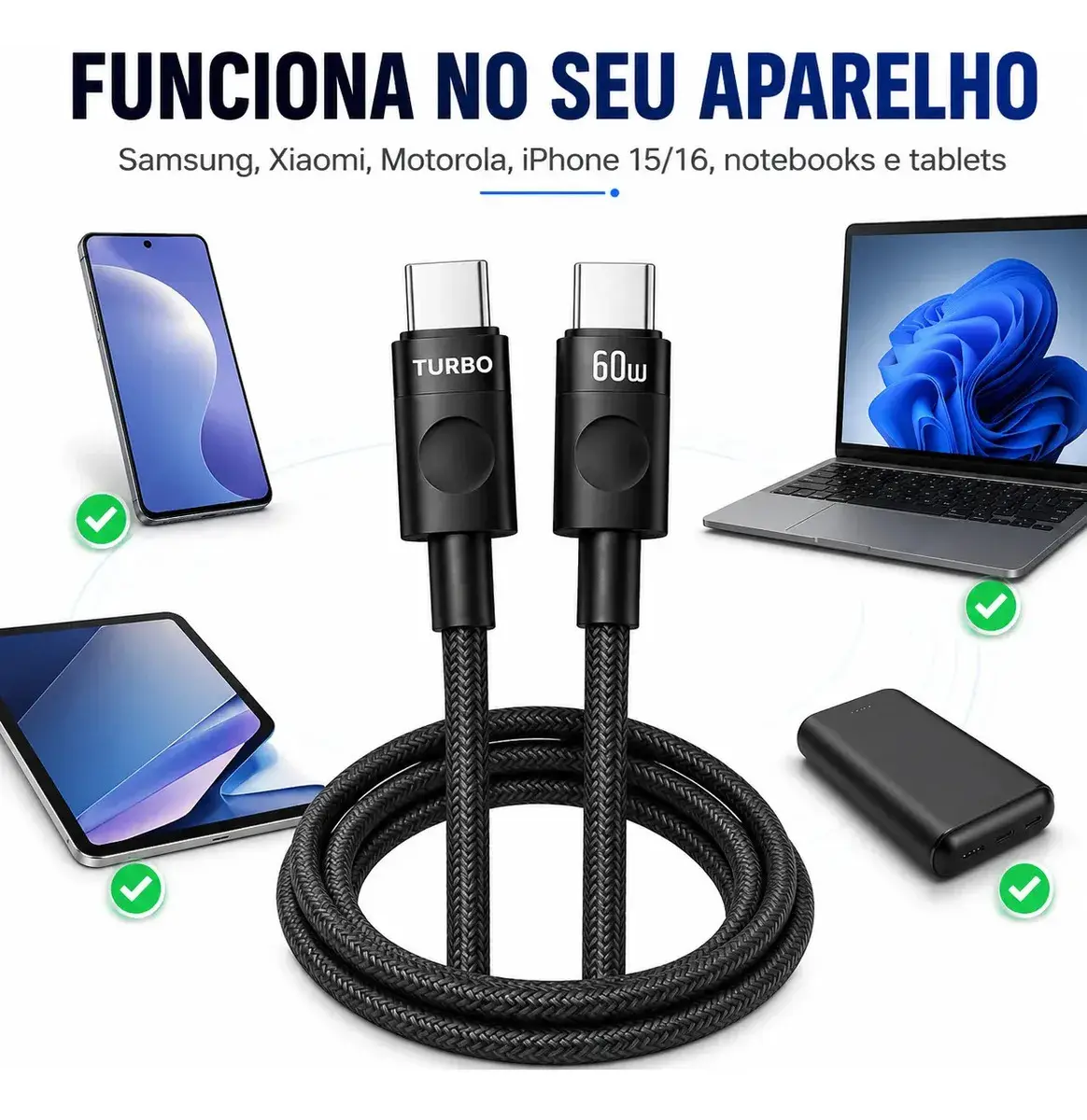 Cabo Carregador Usb-c Tipo C Turbo 60w Carga Rápida Nylon Trançado Premium 1M Reforçado Resistente Compatível Samsung Xiaomi Motorola iPhone 15 16 17 Notebook Tablet Transferência Dados Eletric Teck thumbnail 7