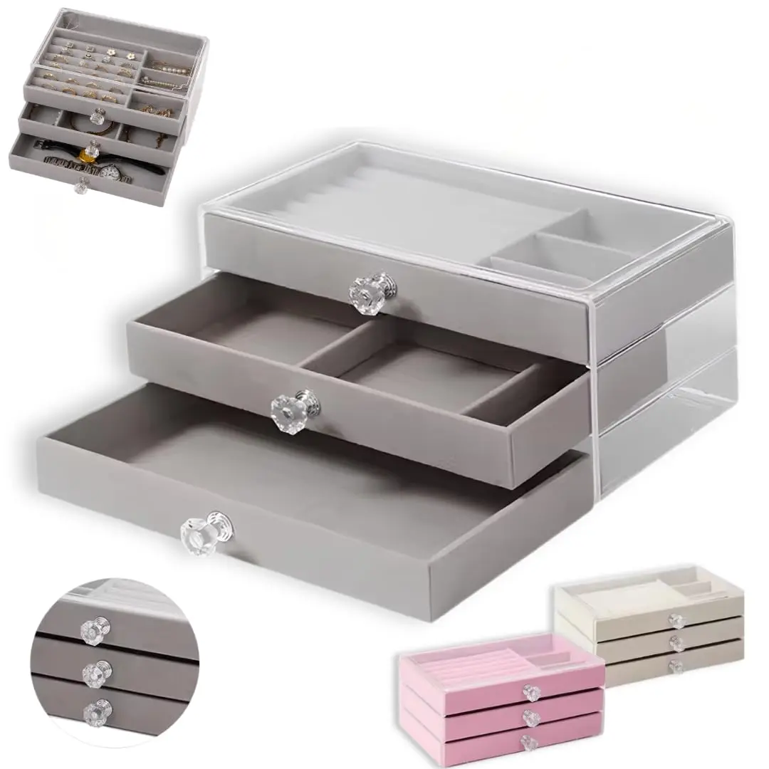 Porta Joias Acrílico 3 Gavetas | Organizador Transparente Para Brincos, Colares, Pulseiras, Anéis e Relógios | Modelo Elegante, Compacto e Multifuncional | Cor Cinza