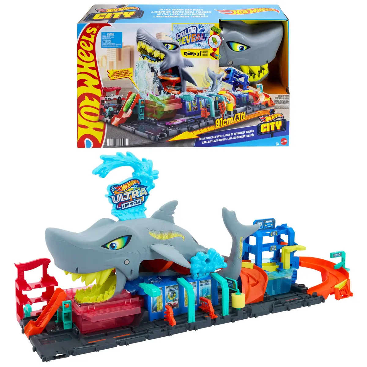 Hot Wheels City Pista de Brinquedo Lava-Rápido Mega Tubarão 3 Anos, 2 Peças - 1
