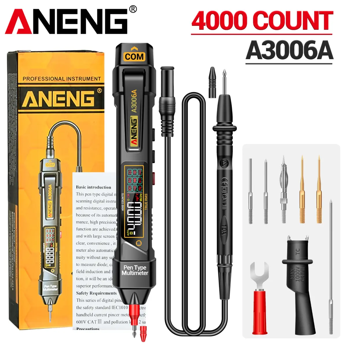 Aneng a3006a caneta multímetro digital 4000 contagens ac/dc tensão sem contato eletricidade indutiva hz ferramentas de teste de resistência de diodo