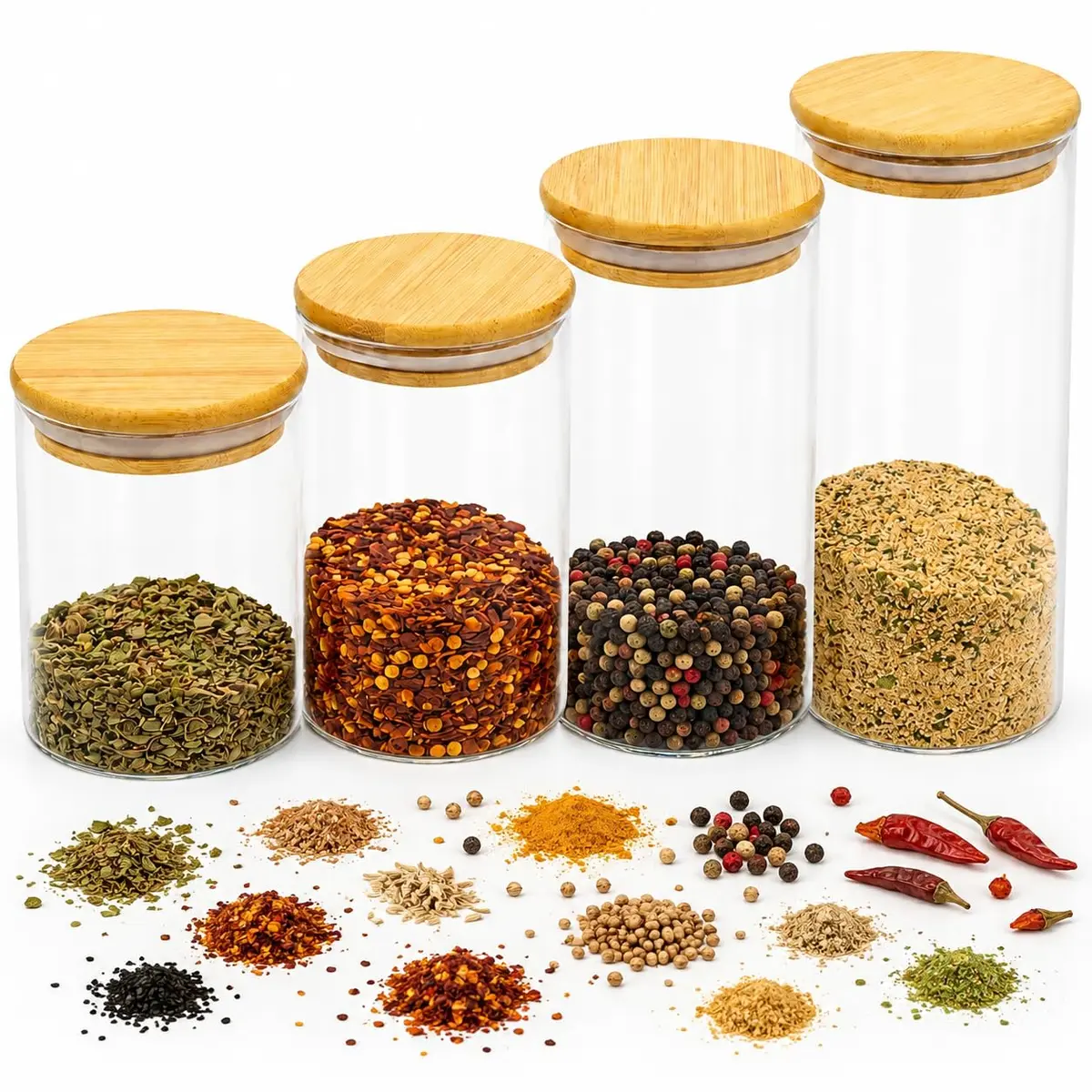 Porta Temperos de Vidro com Tampa Bambu Porta Mantimentos Organizacao Cozinha Armazenamento Alimentos Kit Pote Hermetico Vidro - 1