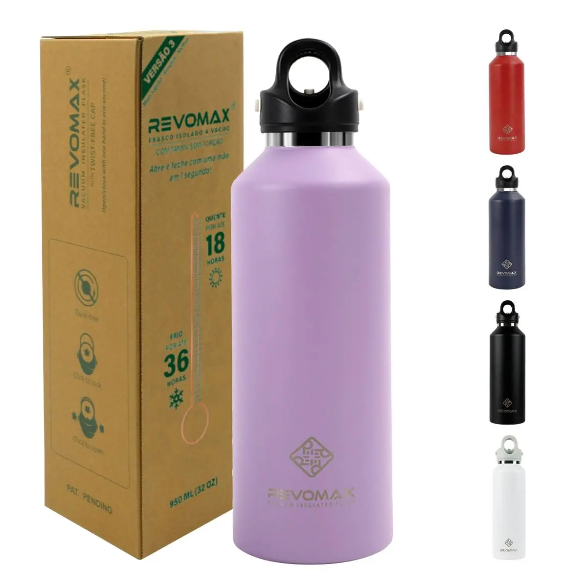 Revomax Garrafa Térmica Desportiva de Vácuo em Aço Inoxidável, Copos Portátil para Viagem 950ml (Roxo)