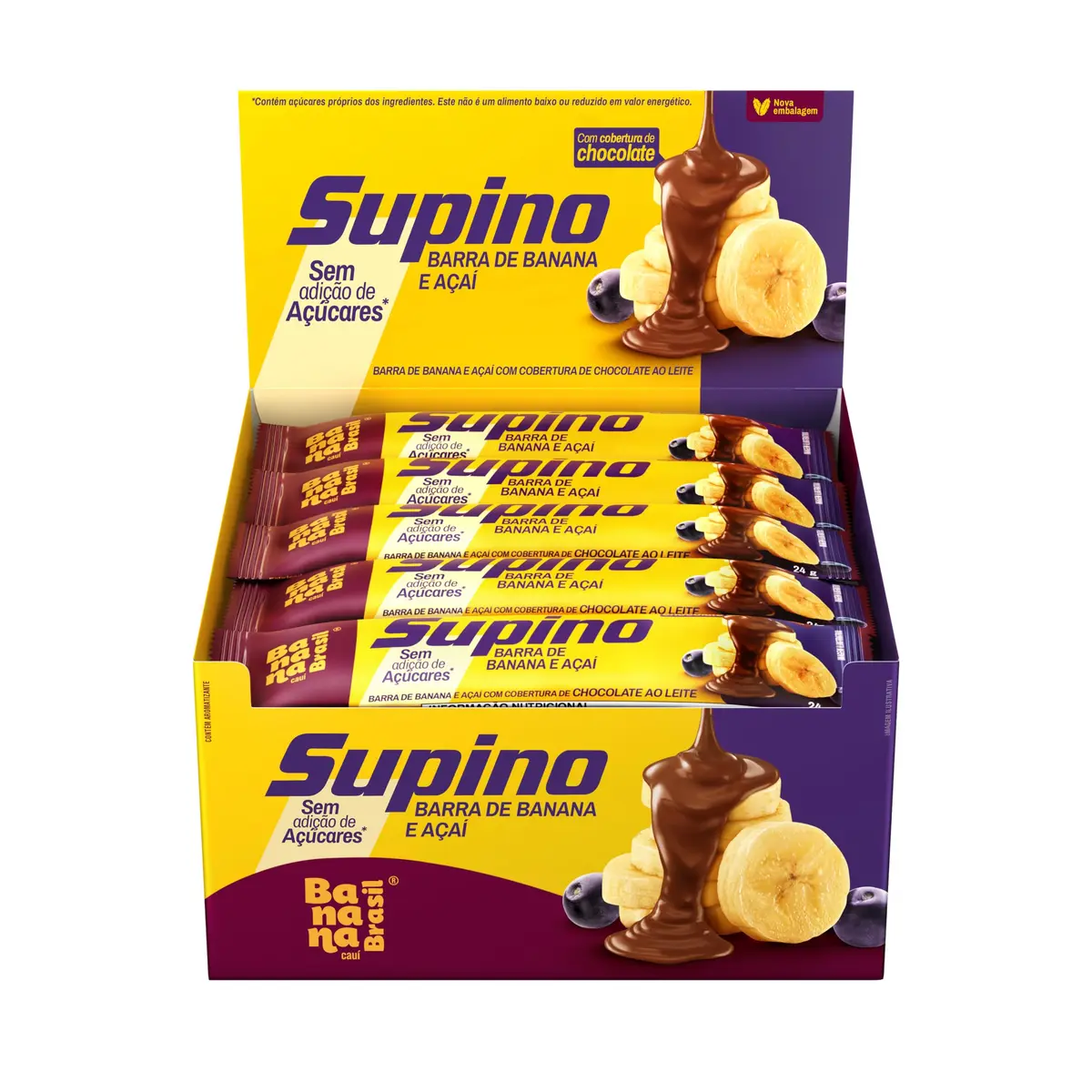 Banana Brasil Barra De Frutas Supino Zero Banana E Açai Com Cobertura Chocolate Ao Leite Com 20 Unidades De 24 G