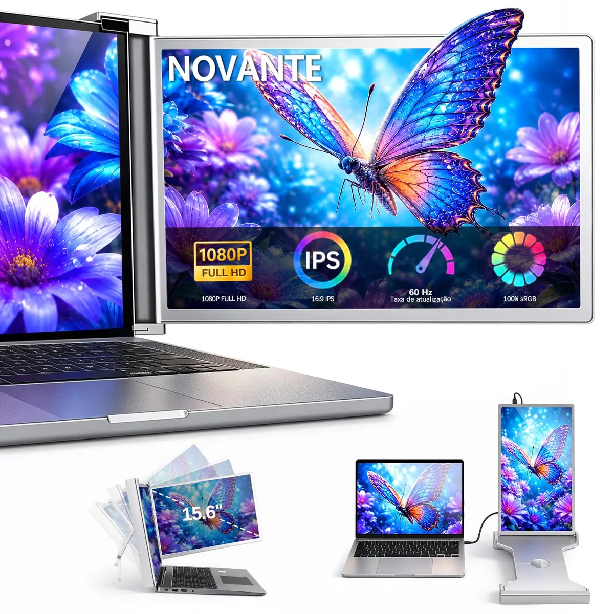 NOVANTE Monitor Portátil Duplo 15.6" FHD IPS USB-C HDMI para Notebook | Monitor duplo 15.6" FHD IPS, 100% sRGB, baixa luz azul, USB-C/HDMI, expansão lateral, compatível universal, ajustável