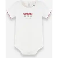 body infantil de algodão manga curta canelado floral off white