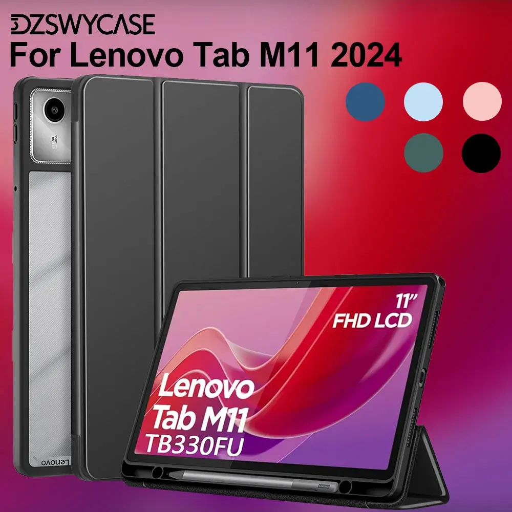 Capa para lenovo tab m11 11 tamanhos 2024 com suporte de caneta, capa traseira dura transparente para pc com três dobras para despertar/sono automático - 1