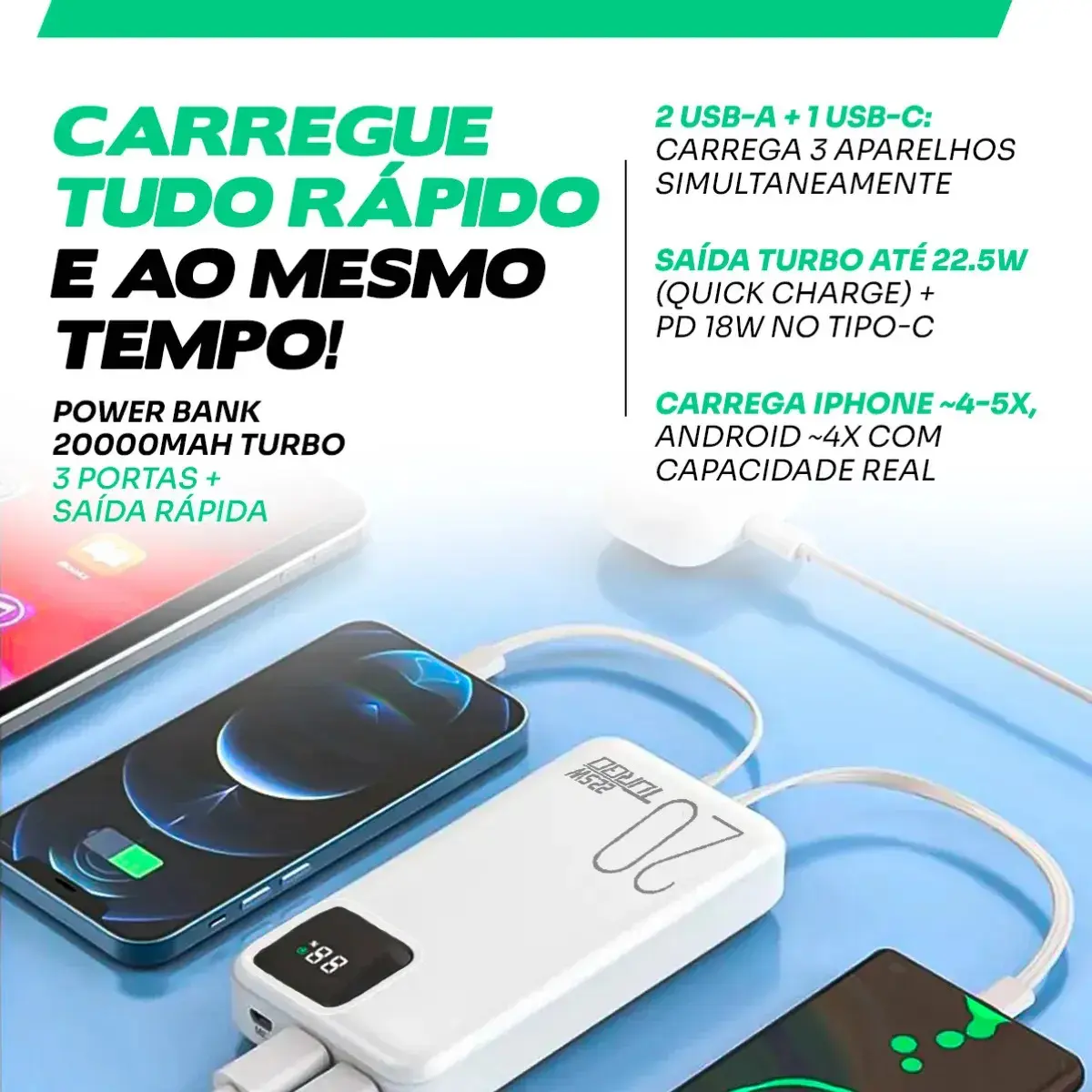 Carregador Portátil Power Bank 20.000mah Turbo Celular Carga Rápida 22.5w Premium Display Visor Grande Universal Usb-c Viagens Festa Para los E Android iPhone Samsung Motorola Xiaomi Branco Nixzen thumbnail 2