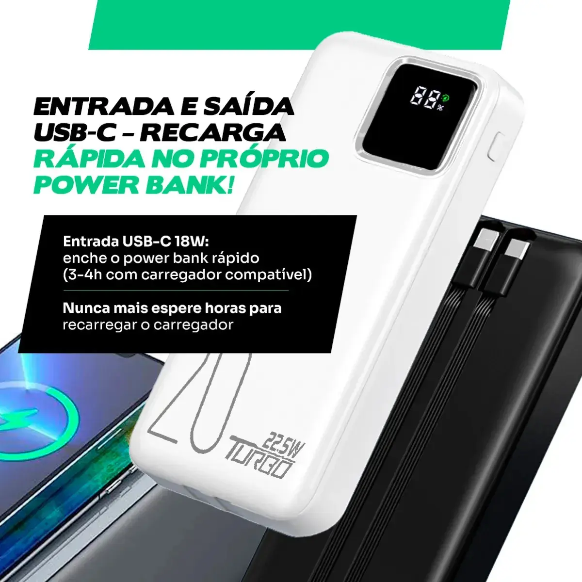 Carregador Portátil Power Bank 20.000mah Turbo Celular Carga Rápida 22.5w Premium Display Visor Grande Universal Usb-c Viagens Festa Para los E Android iPhone Samsung Motorola Xiaomi Branco Nixzen thumbnail 4