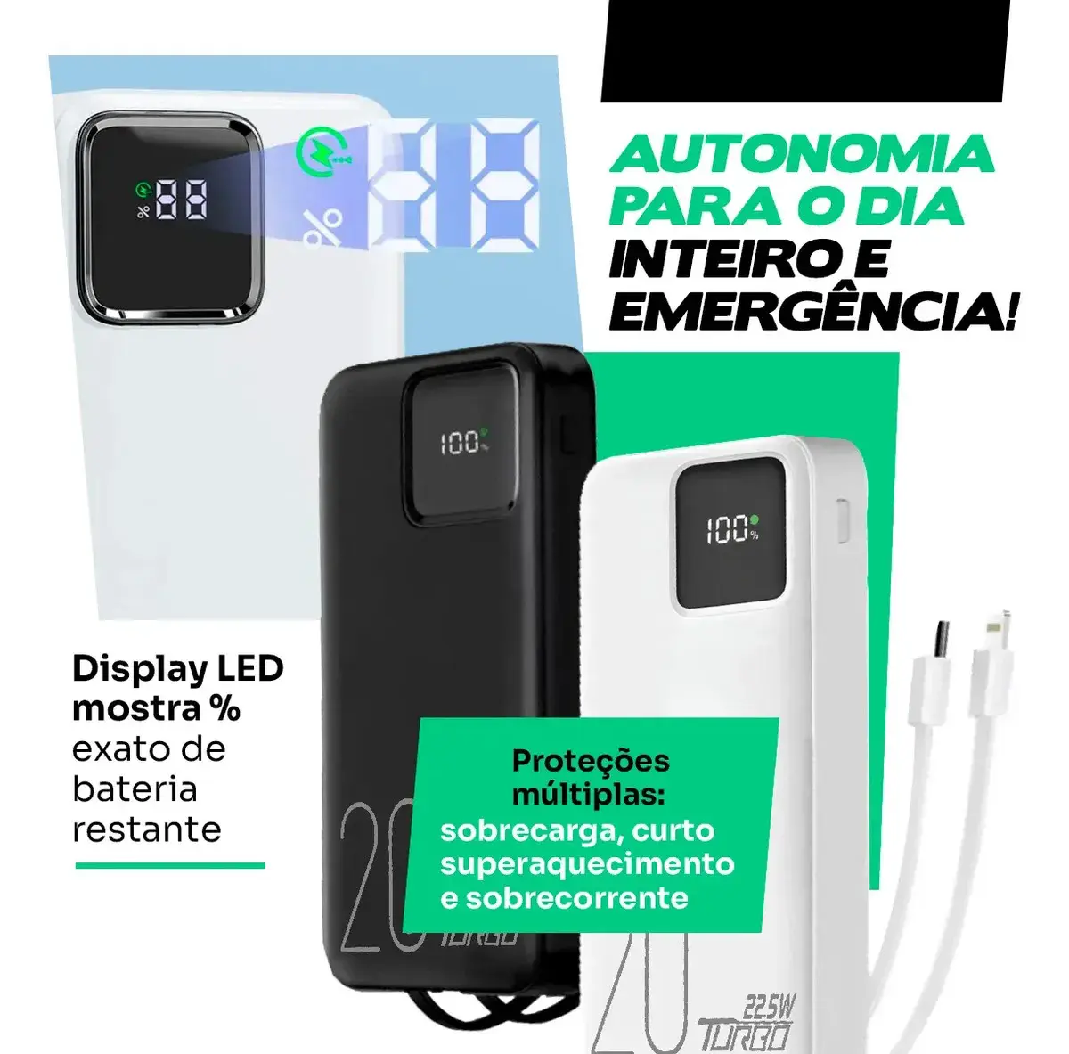 Carregador Portátil Power Bank 20.000mah Turbo Celular Carga Rápida 22.5w Premium Display Visor Grande Universal Usb-c Viagens Festa Para los E Android iPhone Samsung Motorola Xiaomi Branco Nixzen thumbnail 5