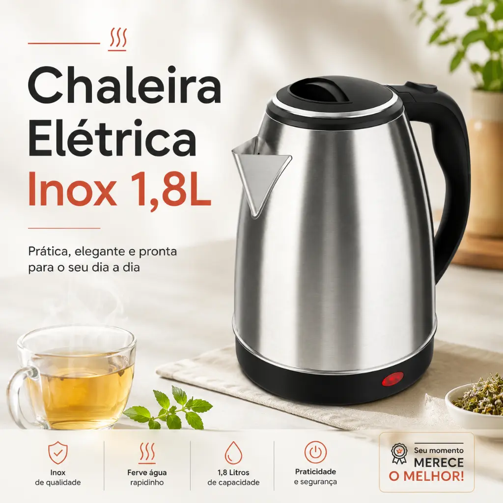 FIX/STARTOOLS Chaleira Jarra Elétrica 110V ou 220V 1.8 Litros Inox Prateada