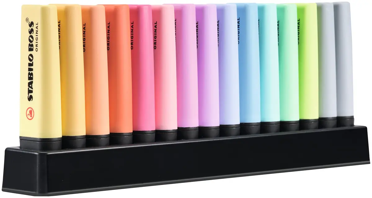 STABILO BOSS ORIGINAL Pastel Marca Texto – Estojo com 15 unidades + Suporte de mesa – Em 15 cores