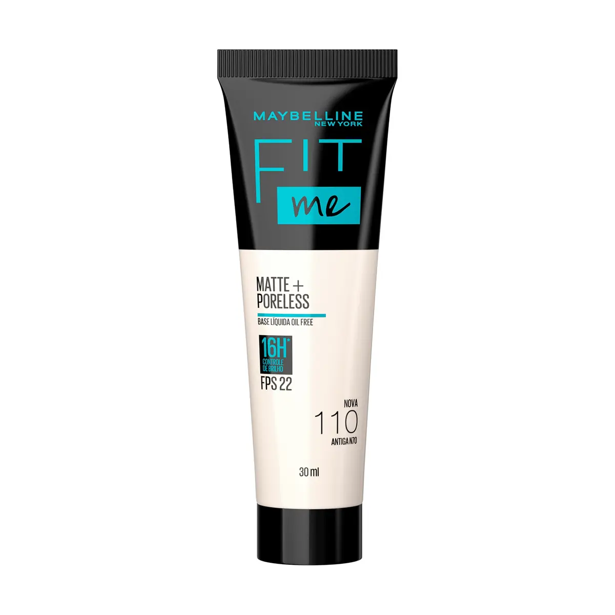 Maybelline NY Base Líquida Fit Me Matte FPS 22 e proteção UVA, Proporciona efeito natural, se adapta a pele, controla a oleaosidade, Cor 110 (Antiga N70), 30ml