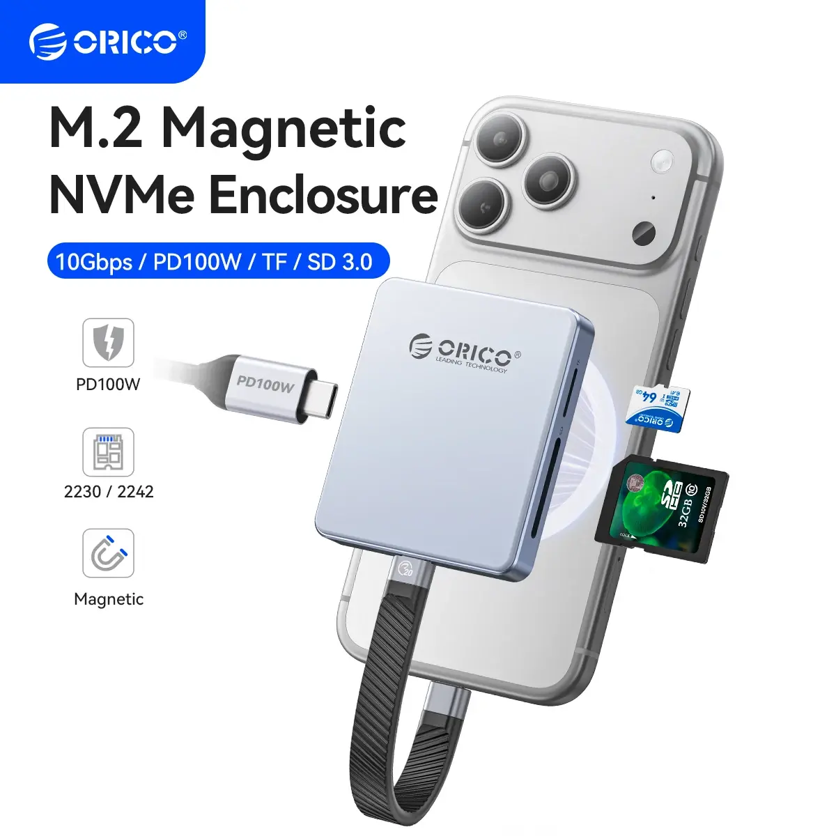 Gabinete Magnético ORICO para SSD M.2 2230/2242 NVMe para Gravação 4K ProRes no iPhone com Leitor de Cartão SD/TF 3.0 e Porta de Carregamento PD100W
