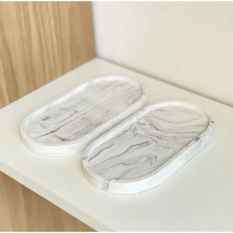 Kit com 2 Bandejas Ovais Decorativas em Cimento Branco Artesanal para Lavabo e Organização(2 Peças Efeito Mármore BP) - 1