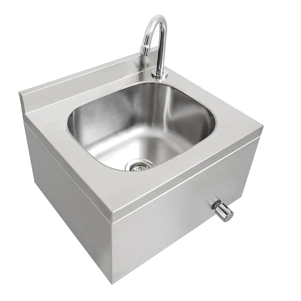 Lavatório Industrial de Parede Tramontina em Aço Inox com Bica e Válvula de acionamento com o joelho