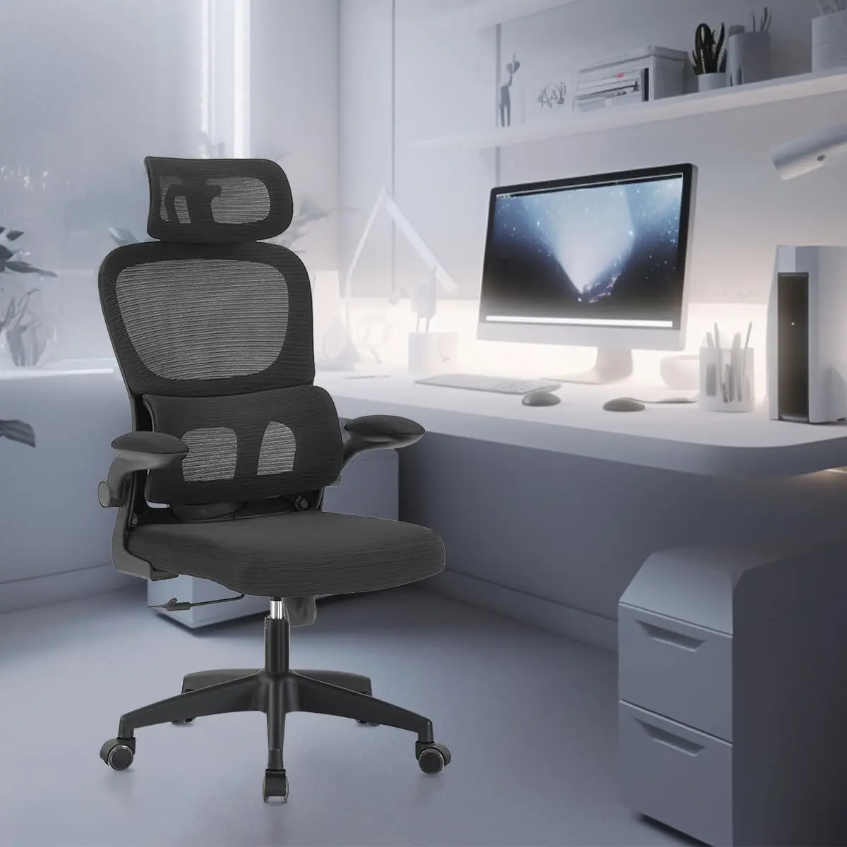 Cadeira de escritório com design ergonômico conforme NR-17, suporte lombar independente, malha respirável e encosto de cabeça ajustável,Python Fly (Preto)