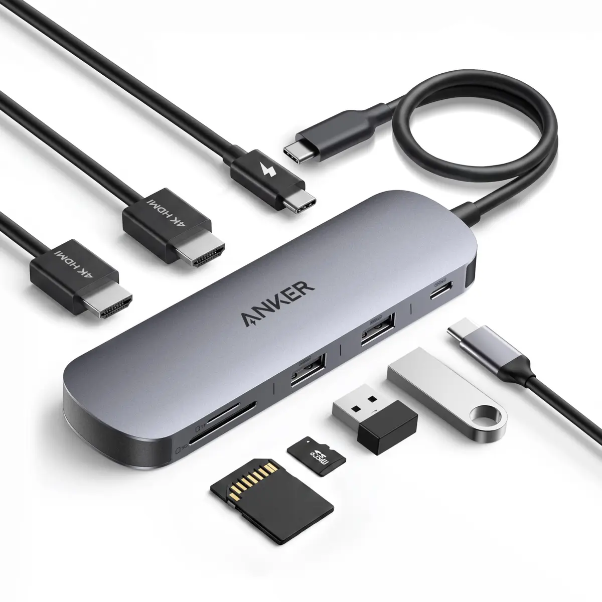 Anker Hub USB-C 8 em 1,Duplo HDMI 4K@60Hz, 10Gbps USB-C e USB-A Thunderbolt | Dock Station HDMI 4K@60Hz, USB-C 10Gbps, 2x USB-A 3.0, 100W PD, Leitor SD/TF, para MacOs M1-3,Windows, Sumsang, Xiaomi,iPhone