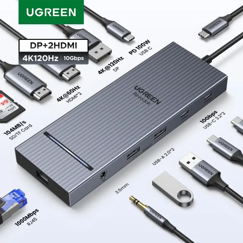 UGREEN USB HUB 4K120Hz DP Tipo-C para 4K60Hz 2xHDMI SD/TF RJ45 3,5 mm USB3.2 Gen2 10 Gbps de dados para laptop Dell HP Lenovo Acessórios - 1