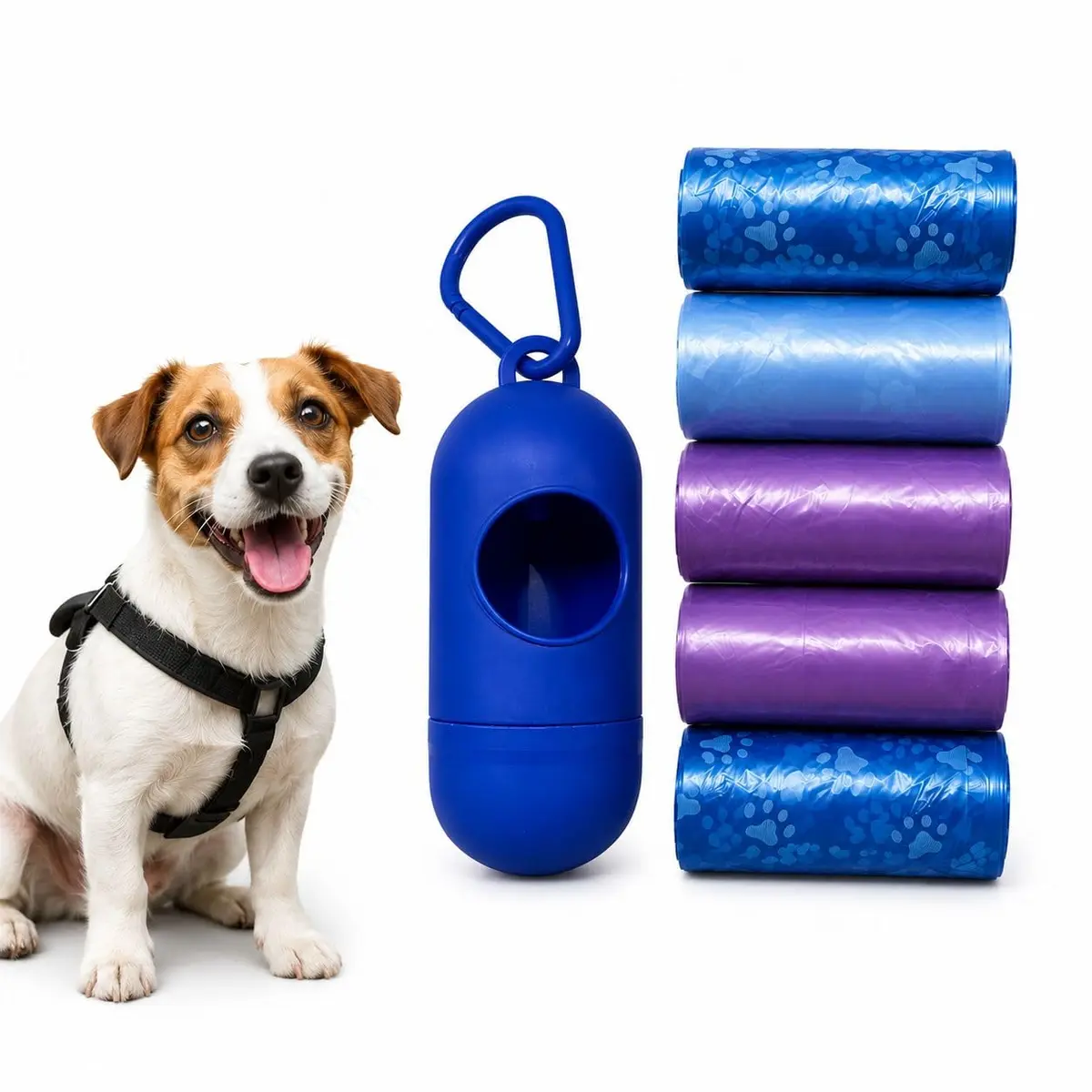Kit Cata Caca para Cachorro, Suporte Porta Saquinhos Higiênicos com Gancho + 5 Rolos Refil, 75 Sacos, 28 cm x 21 cm, para Passeios (Azul) - 1