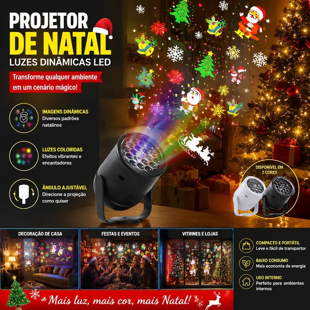 Projetor LED Natalino Decoração Natal Luzes Desenhos Natalinos Projeção Casa Jardim Festas Parede - 1