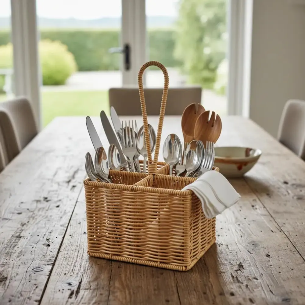 Porta Talher Quadrado Em Rattan Sintético com Alça – 4 Divisões, Organizador de Talheres 28 cm de Altura, Resistente, Cor Marrom, Ideal para Cozinha e Mesa Posta