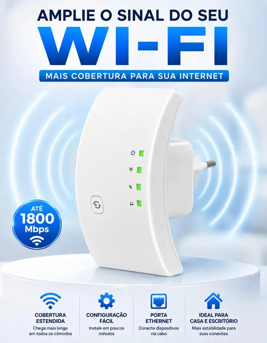 Repetidor Sinal Wifi 1800mbps Amplificador Sem Fio Turbo Porta Ethernet Cobertura Estendida Casa Escritorio Configuracao Facil Compativel Roteador Wireless Cor Branco Gigabit Alta Midiafone - 1