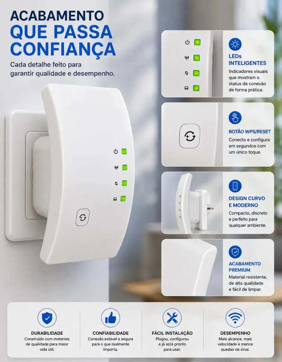 Repetidor Sinal Wifi 1800mbps Amplificador Sem Fio Turbo Porta Ethernet Cobertura Estendida Casa Escritorio Configuracao Facil Compativel Roteador Wireless Cor Branco Gigabit Alta Midiafone thumbnail 7