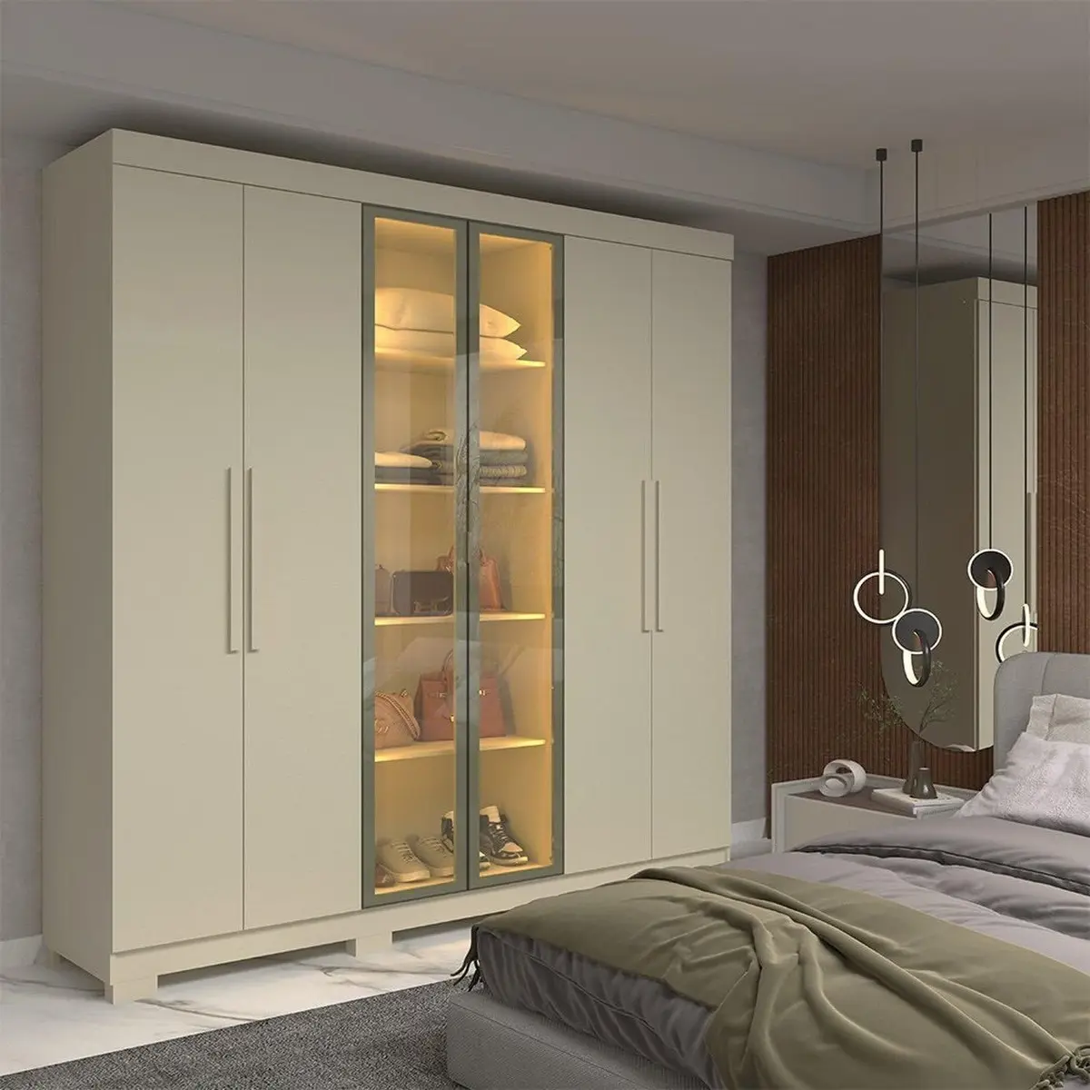 Guarda-Roupa Casal com 6 Portas com 2 Portas Reflecta com Pés com LED 100% MDF Império Off White - 1