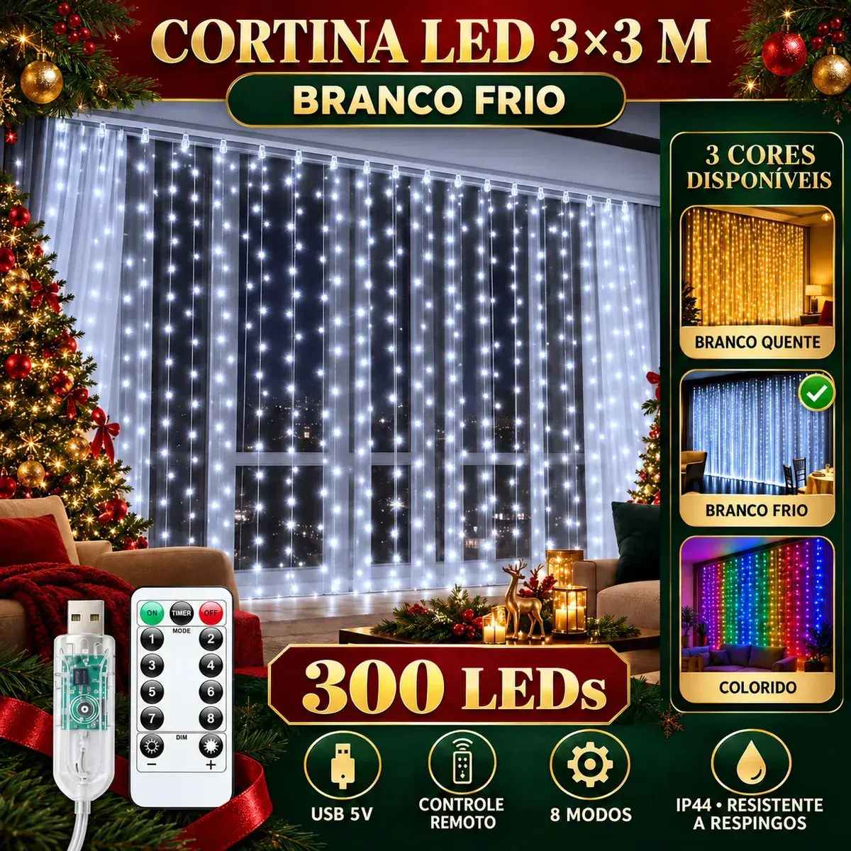Pisca Cortina 300 Leds 3x3m Usb Ip44 8 Modos Iluminação Luzes Fada Decoração De Natal Festa Branco Frio Luvinco - 1