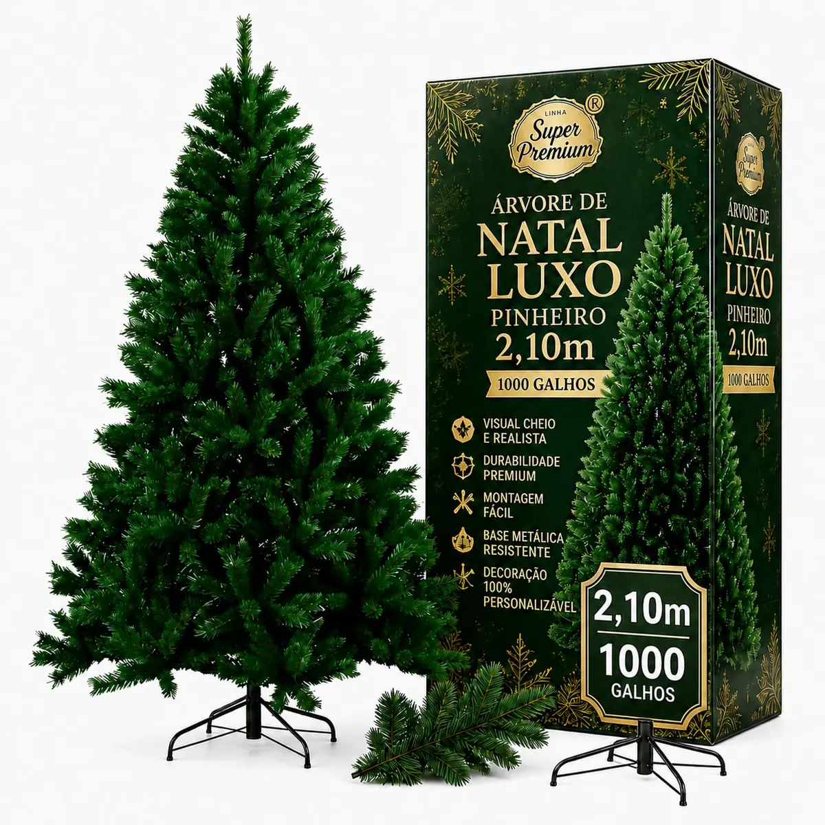 Árvore de Natal Tradicional Artificial Base Metálica, 2,10 m, 1000 Galhos