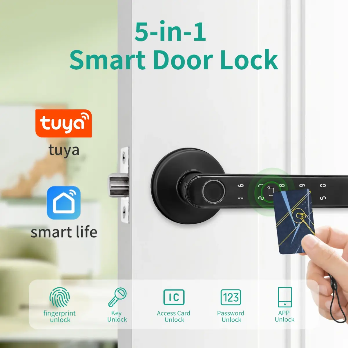 Fechadura de porta 5 em 1 Tuya Produtos para casa inteligente Fechaduras com impressão digital Desbloqueio de aplicativo de controle remoto Suporte para desbloqueio de chave de cartão IC com senha