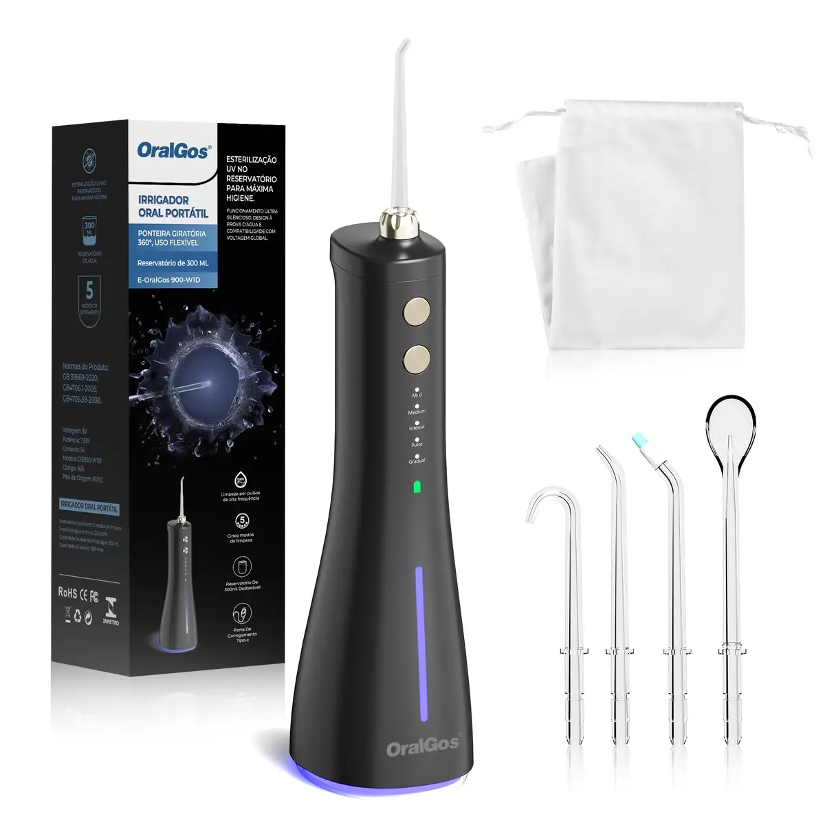 OralGos Irrigador Bucal Portátil, 300ML, 5 Modos de Limpeza, Preto | com Esterilização UV, USB Recarregável, IPX7 À Prova D'Água, 4 Bicos Substituíveis