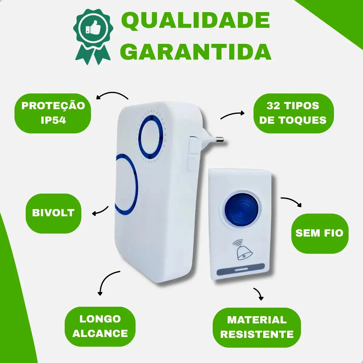 Campainha Sem Fio Gurumania Longo Alcance 100m À Prova D'Água 32 Toques Branco thumbnail 4