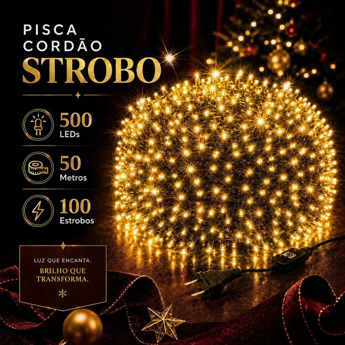 Strobo Natal 500 Leds Pisca 100 Flash 50m Prova D'água Bivolt Branco Quente - 1
