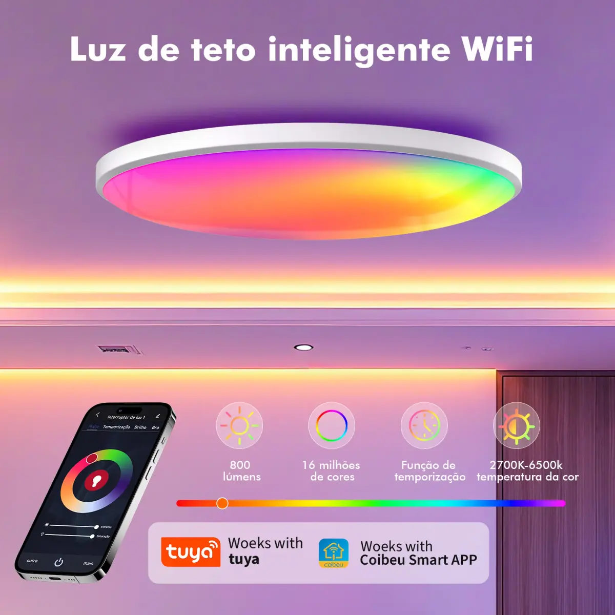 Luz de Teto Inteligente WiFi 24W - 16 Milhões de Cores, Controle por Voz Alexa/Google e App Tuya para Quarto/Sala/Ambientes