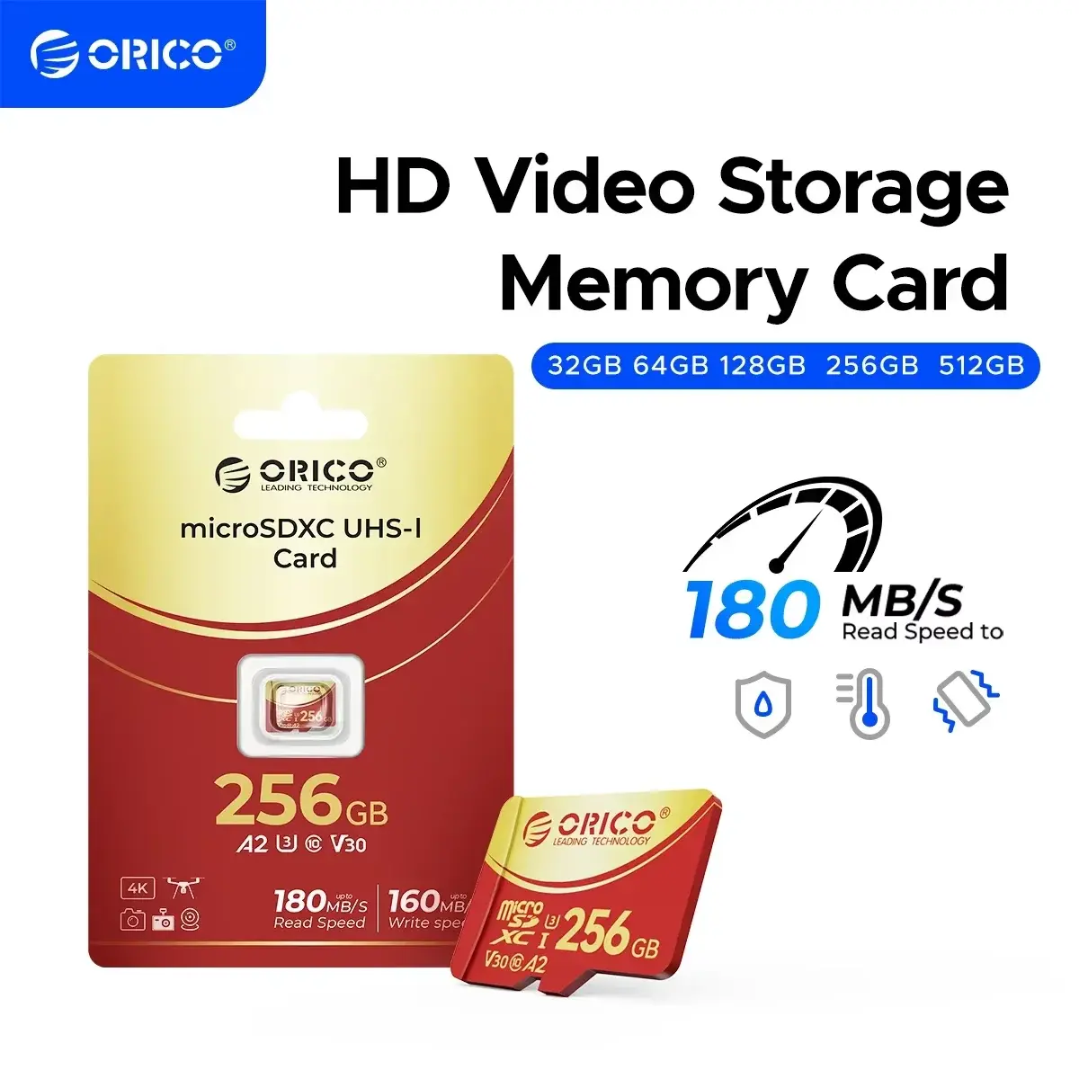 Cartão de Memória ORICO 64GB MicroSDXC UHS-I, 180MB/s, Gravação 4K UHD, U3, Class10, V30, A1, Micro SD para Câmera de Ação, Dash Cam