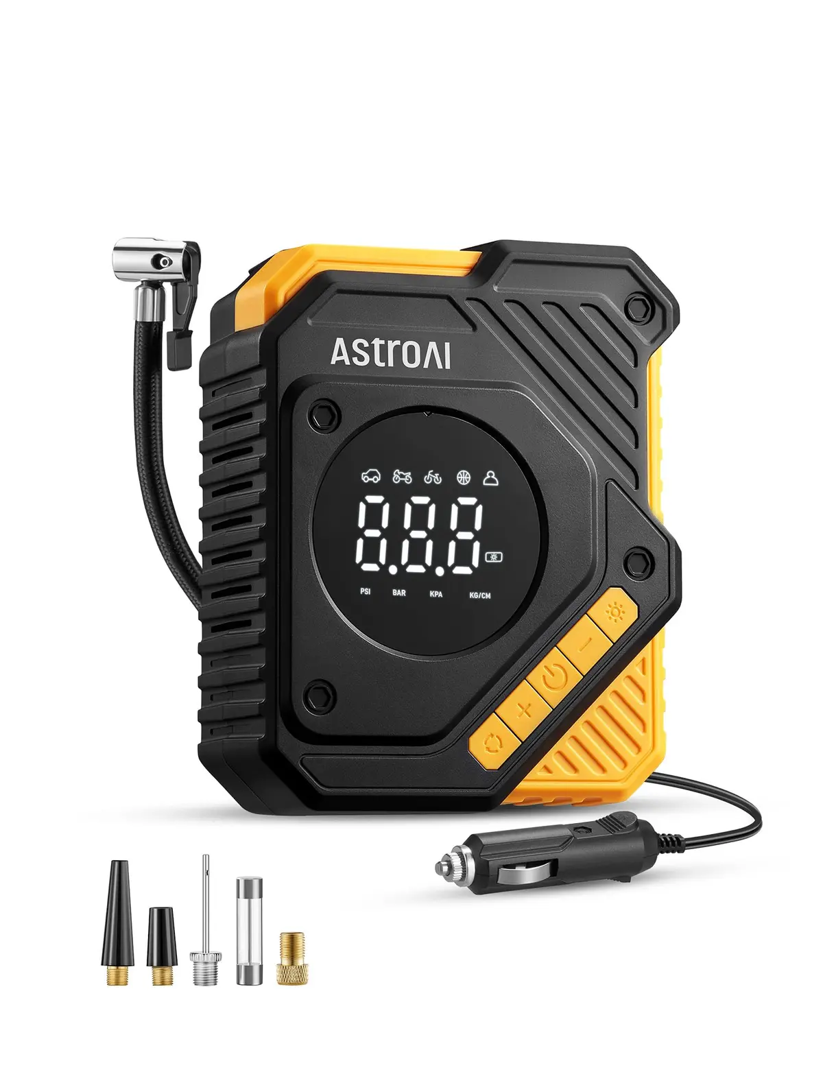 AstroAI Compressor de ar de inflador de pneu de carro 12 V DC, bomba digital de pneu de 150 PSI com medidor de pressão, visor LCD grande, predefinição inteligente e parada automática, para carros
