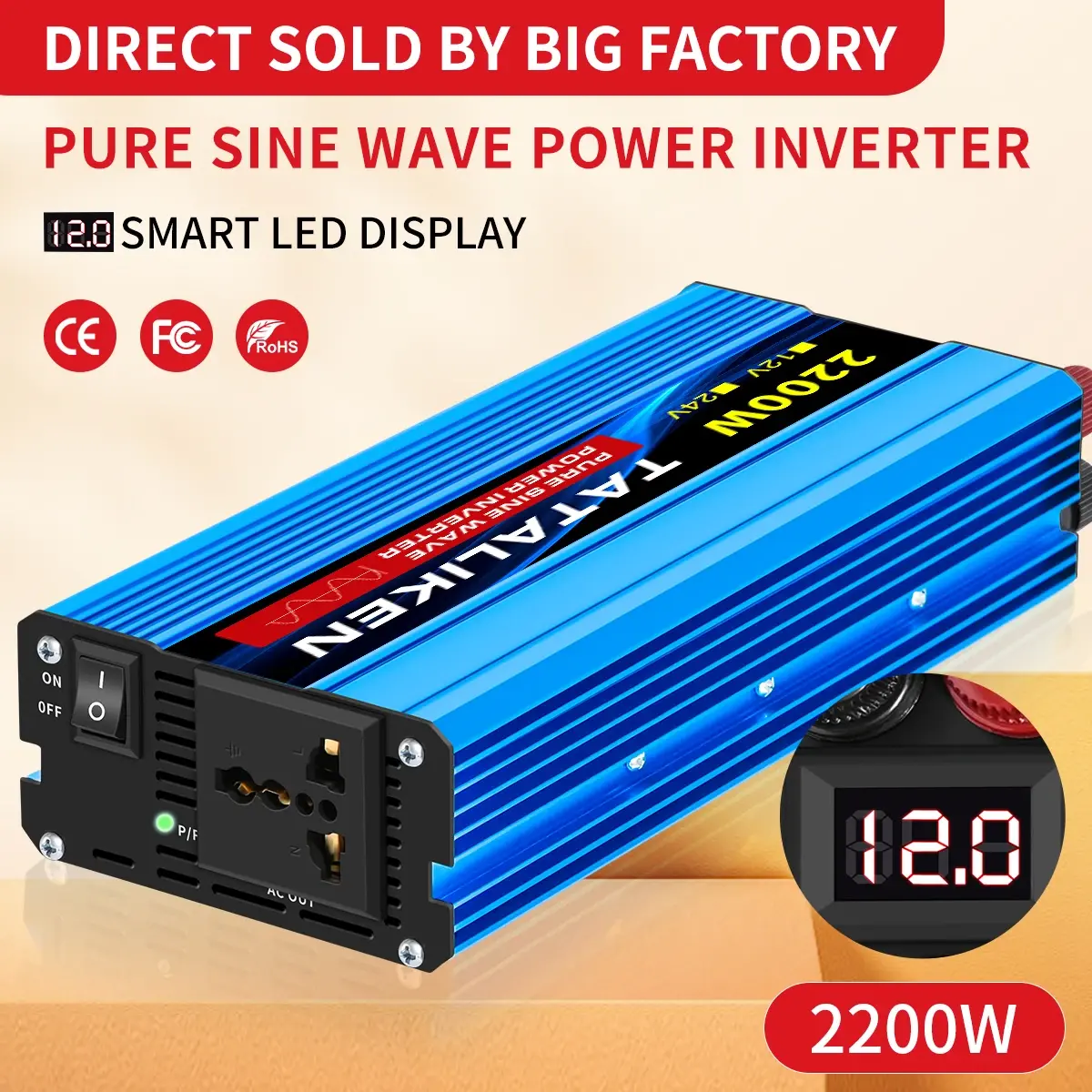 Inversor de Onda Senoidal Pura 1000W-4000W DC 12V e 24V para AC 220V 50Hz, Carregador Inversor de Energia com Tomada Universal