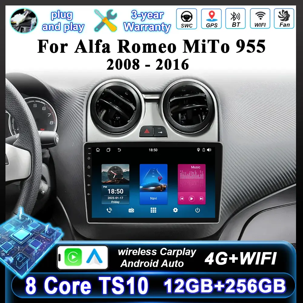 Rádio estéreo do carro de android 16 para alfa romeo mito 955 2008-2016 auto cireless carplay navegação gps reprodutor de vídeo multimídia 2din - 1