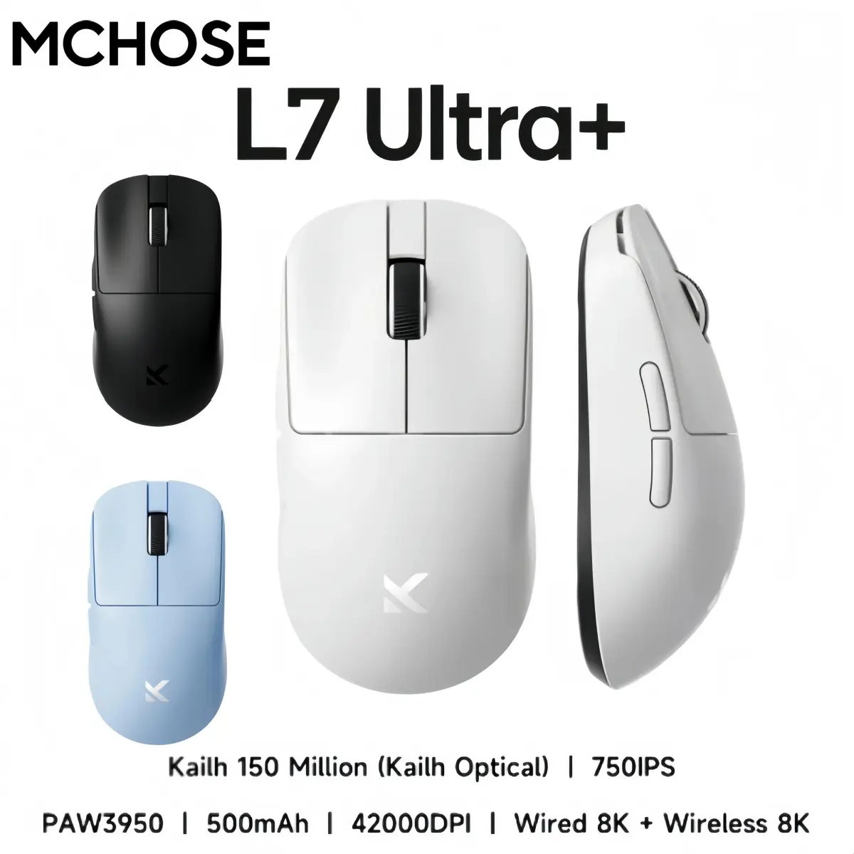 Mouse Gamer MCHOSE Série L7 39g Leve com Conexão Sem Fio BT 2.4G e Switch Óptico Kailh Black Green Dot de Baixa Latência Ultra de 8k - 1
