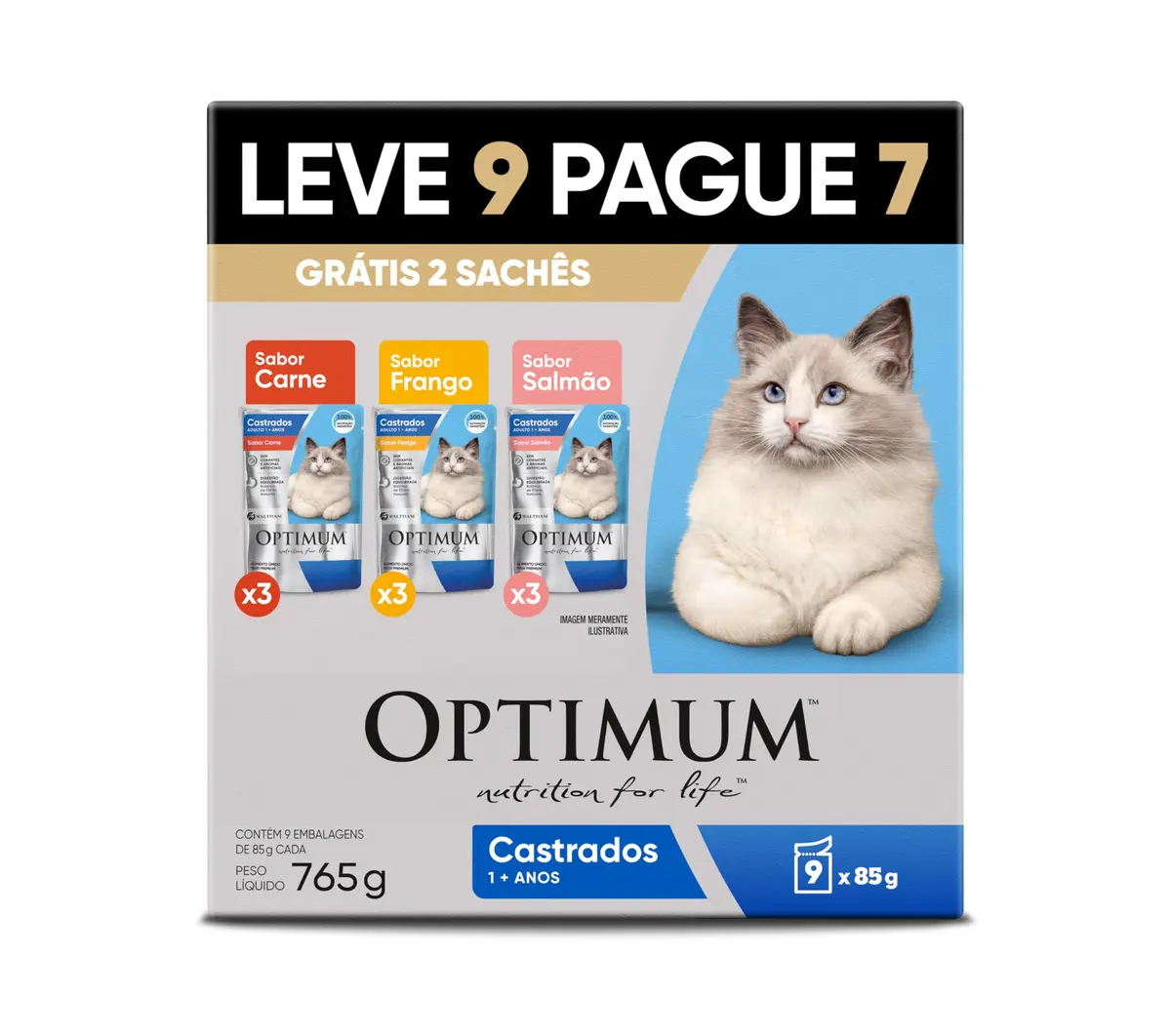 Ração Úmida Optimum Sachê para Gatos Adultos Castrados Carne, Frango e Salmão 85g - LEVE 9 PAGUE 7