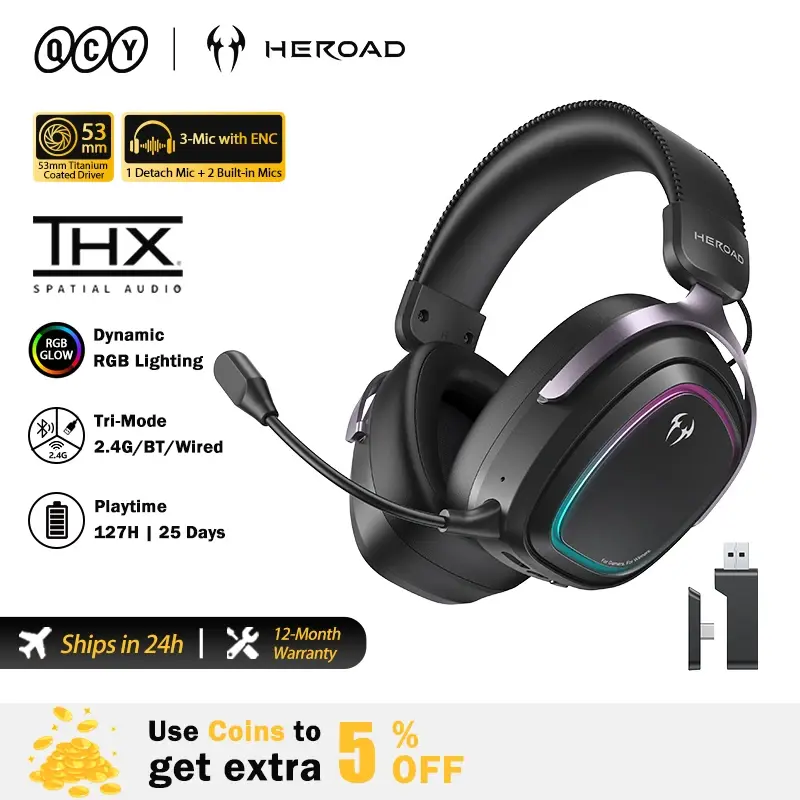 Fone QCY Headset Gamer BH26H5GMA Heroad GT2 THX Spatial Audio+ 7.1.4 RGB Tri-Mode 3 Microfones com ENC para PC PS4 PS5
