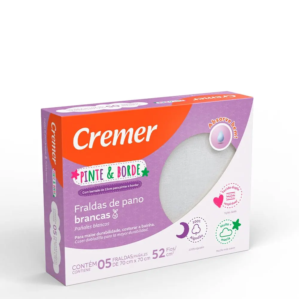 Fralda Pinte & Borde Branca PC com 5 Unidades, Cremer | 5 Unidades, Algodão Natural, 70x70cm, Uso Infantil