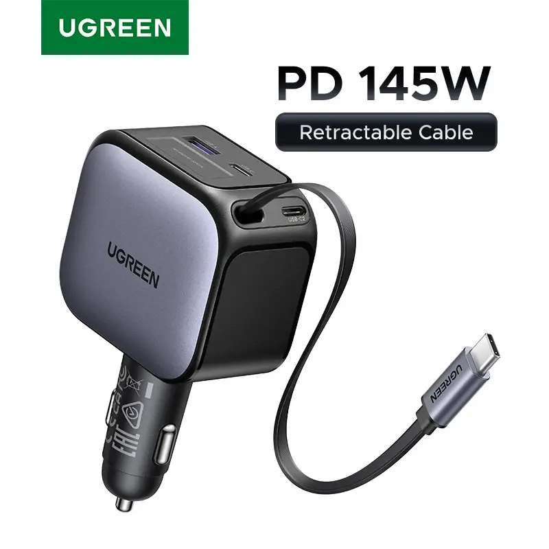 Carregador de Carro USB Tipo-C UGREEN PD145W 90W 60W com Cabo Retrátil, Carregamento Rápido PD SCP AFC PPS para iPhone 18 Pro Max, Samsung, Xiaomi